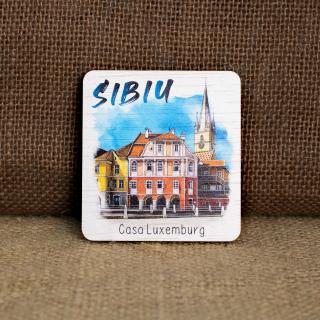 Magnet de frigider din lemn, acuarela, Casa Luxemburg, Sibiu