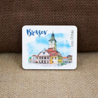 Magnet de frigider din lemn, acuarela,   Casa Sfatului   Brasov