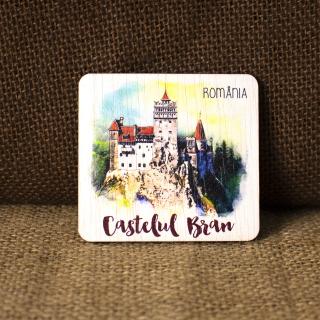 Magnet de frigider din lemn, acuarela, Castelul Bran