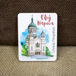 Magnet de frigider din lemn, acuarela,    Catedrala Mitropolitana   Cluj Napoca