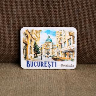 Magnet de frigider din lemn, acuarela, Palatul CEC Bucuresti (vedere din Centrul Vechi)
