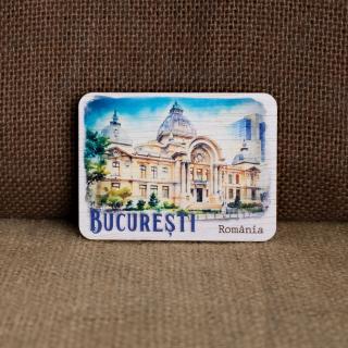Magnet de frigider din lemn, acuarela, Palatul CEC, Bucuresti