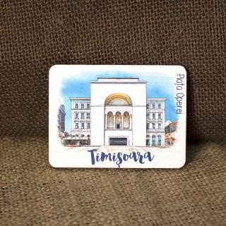 Magnet de frigider din lemn, acuarela,   Palatul Culturii Timisoara (Cladirea Operei)