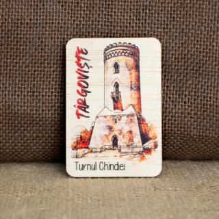 Magnet de frigider din lemn, color vintage, Turnul Chindiei, Targoviste