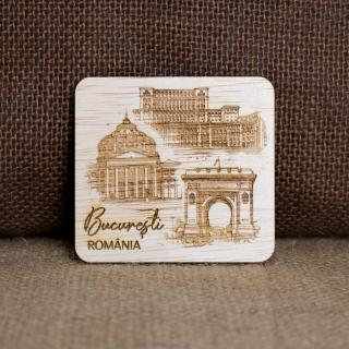 Magnet De Frigider Din Lemn, gravat, Bucuresti (Arcul de Triumf, Ateneul Roman, Palatul Parlamentului)