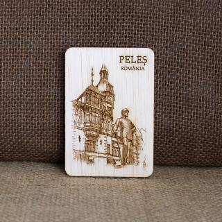 Magnet de frigider din lemn, gravat   Castelul Peles  Sinaia - Regele Carol I