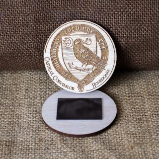 Magnet de frigider din lemn, gravat, Corb- Castelul Corvinilor Hunedoara