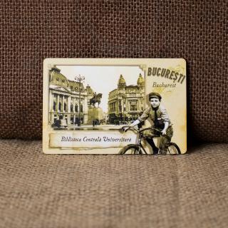 Magnet de frigider din lemn, vintage, Biblioteca Centrala Universitara, Calea Victoriei, Bucuresti