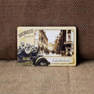 Magnet de frigider din lemn, vintage, Calea Victoriei, Bucuresti