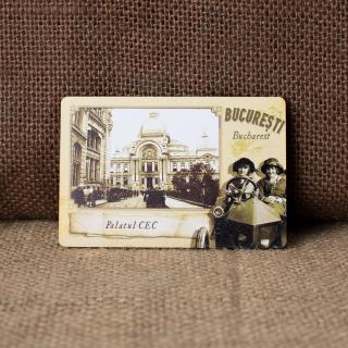 Magnet de frigider din lemn, vintage, Palatul CEC, Calea Victoriei, Bucuresti