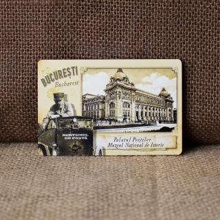 Magnet de frigider din lemn, vintage, Palatul Postelor, Calea Victoriei, Bucuresti