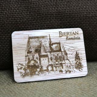 Magnet de frigider suvenir, din lemn, gravat, Biserica Fortificata Biertan, Biertan, Sibiu