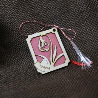 Martisor din lemn, Personalizat, Ghiocel, rosu