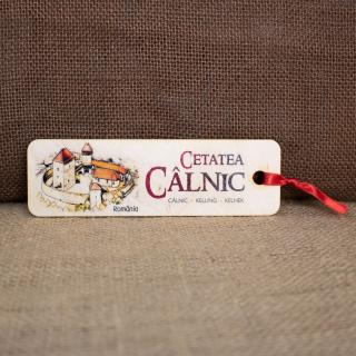 Semn de carte suvenir, din lemn, acuarela,   Cetatea Calnic, judetul Alba