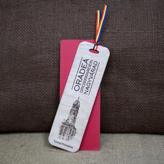 Semn de carte suvenir, din lemn, gravat, Turnul Primariei Oradea