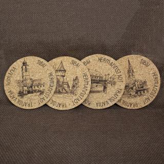 Suport pahare suvenir din pluta, gravat, Sibiu (set 4 bucati)