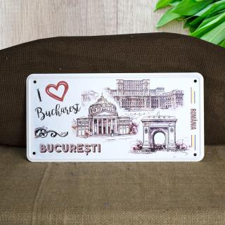 Tablou metalic decorativ suvenir, I Love Bucuresti