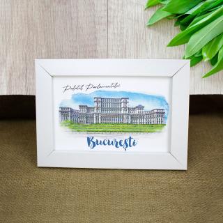 Tablou suvenir, acuarela, Palatul Parlamentului Bucuresti, dimensiune 10 x15 cm, rama inclusa