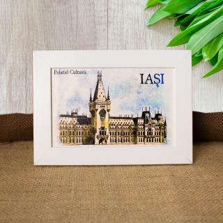 Tablou suvenir, din lemn, acuarela, Palatul Culturii din Iasi, dimensiune 10 15 cm, rama inclusa