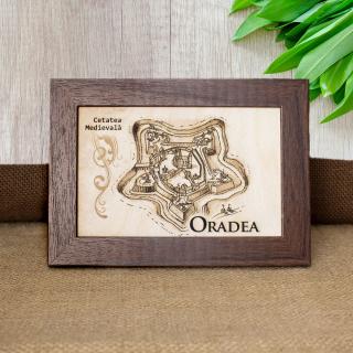 Tablou suvenir din lemn, gravat, Cetatea Oradea, dimensiune 10 x 15 cm, rama inclusa
