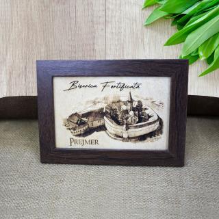Tablou suvenir, din lemn, gravat, Cetatea Prejmer - Brasov, dimensiune 10 x15 cm, rama inclusa