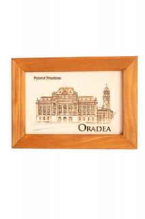 Tablou suvenir din lemn, gravat, Palatul Primariei Oradea, dimensiune 10 x15 cm, rama inclusa