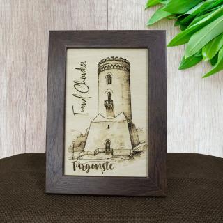 Tablou suvenir din lemn, gravat, Turnul Chindiei, Targoviste, dimensiune 10 x15 cm, rama inclusa