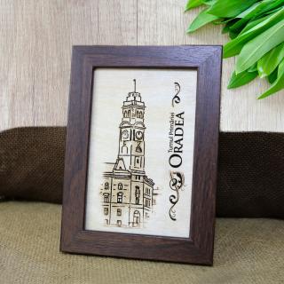 Tablou suvenir din lemn, gravat,  Turnul Primariei Oradea, dimensiune 10 x15 cm, rama inclusa