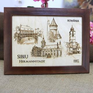 Tablou suvenir din lemn, gravat,  Visit Sibiu, dimensiune 13 18, rama inclusa