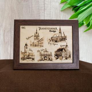 Tablou suvenir din lemn, gravat, Visit Transylvania, dimensiune 13 18, rama inclusa