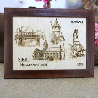Tablou suvenir Sibiu, gravat (fotogravura), cu rama inclusa 13 18, desen realizat manual