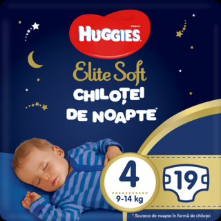 Scutece chilotel Huggies Elite Soft Overnight,Nr.4, 9-14 kg, 19 buc