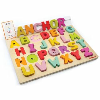 Puzzle Alfabet Litere Mari Din Lemn Plus 50 Flash Carduri    Primele Mele Cuvinte In Limba Engleza