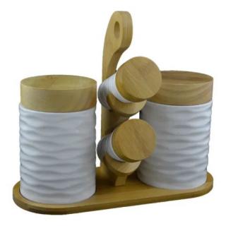 Set condimente ceramica alba pe suport bambus b3b5