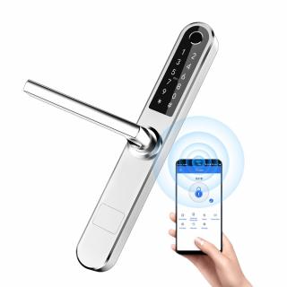 Incuietoare smart argintiu pentru usi termopan PVC interior exterior, deschidere cu amprenta, cod, card, bluetooth, wi-fi, cheie, aplicatie TTLock