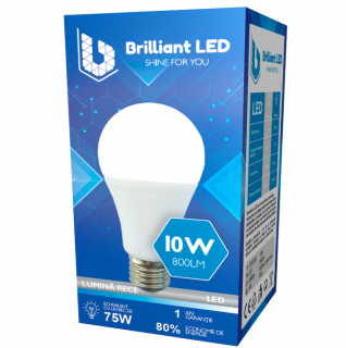 Bec Brilliant LED, 10W (75W), 800lm, lumina rece 6500k, 220V, E27