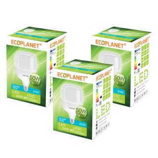 Set 3 buc - Bec LED Ecoplanet T140 forma cilindrica, E27, 50W (300W), 4750 LM, F, lumina rece 6500K, Mat