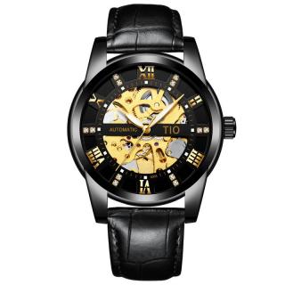 Ceas barbatesc TIO, Ceas de mana mecanic automatic, Clasic, Indici luminosi, Elegant, Luxury, Analog, Piele naturala, Negru