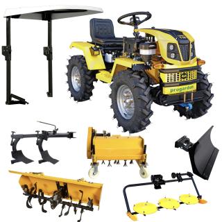 Minitractor ProGARDEN Campo T18 V25.1 4x4, 18CP, benzina, hidraulica fata-spate, roti 6.00-12 cu acoperis + freza tractata, plug, tocator vegetatie, cositoare cu discuri si lama zapada pietris