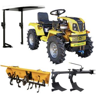 Minitractor ProGARDEN Campo T18 V25.1 4x4, 18CP, benzina, hidraulica fata-spate, roti 6.00-12 cu acoperis + freza tractata si plug cu doua brazdare