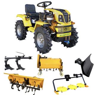 Minitractor ProGARDEN Campo T18 V25.1 4x4, 18CP, benzina, hidraulica fata-spate, roti 6.00-12 cu freza tractata, plug, tocator vegetatie, cositoare cu discuri si lama zapada pietris