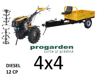 Motocultor cu tractiune 4x4 Progarden Campo 1273 Alpine, 12CP, diesel, euro5, pornire electrica, remorca ProGARDEN Campo RMT500T cu tractiune