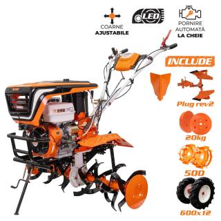 Motosapatoare RURIS 918ACC 18 CP, 2+1 trepte, latime lucru 75-110 cm + roti cauciuc 6.00-12+rarita+plug reversibil rev2+roti metalice 500+set contragreutati 20kg