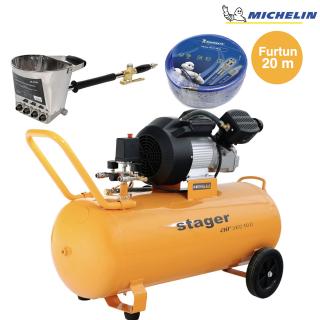 Pachet compresor Stager Air 36D100, 100L,10 bar cu masina de tencuit pereti Detoolz si furtun Michelin 20 m