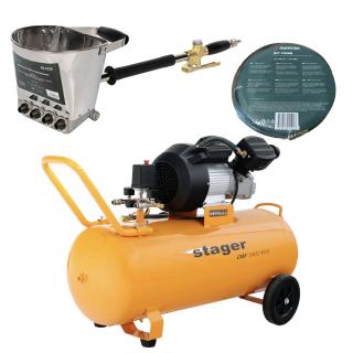 Pachet compresor Stager Air 36D100, 100L,10 bar cu masina de tencuit pereti Detoolz si furtun Parkside 10 m