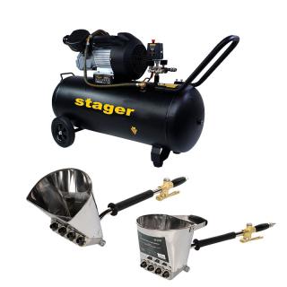 Pachet Compresor Stager HM3100V, 100L, 10bar, 356L min, monofazat cu masina de tencuit pereti si masina de tencuit tavan Detoolz cu duze si cuple rapide