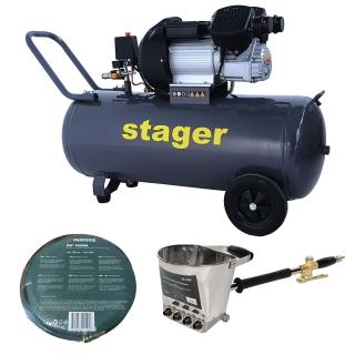 Pachet compresor Stager HM3100V, 100L, 8 bar cu masina de tencuit pereti si furtun 10 m