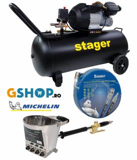 Pachet compresor Stager HM3100V 3CP, 100L,10 bar cu masina de tencuit pereti Detoolz si furtun Michelin 20 m