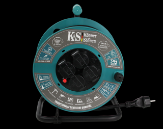 Prelungitor cu tambur KS CR-25M Konner  Sohnen, 3600 W, 25 metri, stecher 1 x 16А   230V, prize 4 x 16А   230V, cablu 3 2.5 mm din cupru, tambur din plastic