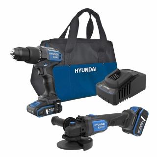 Set masina de gaurit si insurubat brushless cu percutie Hyundai HD20X-60 + polizor unghiular brushless Hyundai AG20X-115 + 2 acumulatori si incarcator